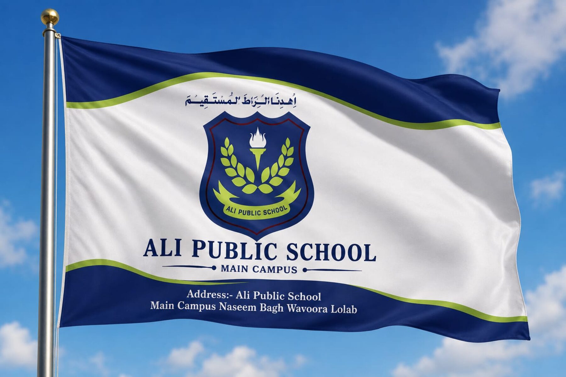 The Ali Public School Lolab flag flying over the Naseem Bagh campus.